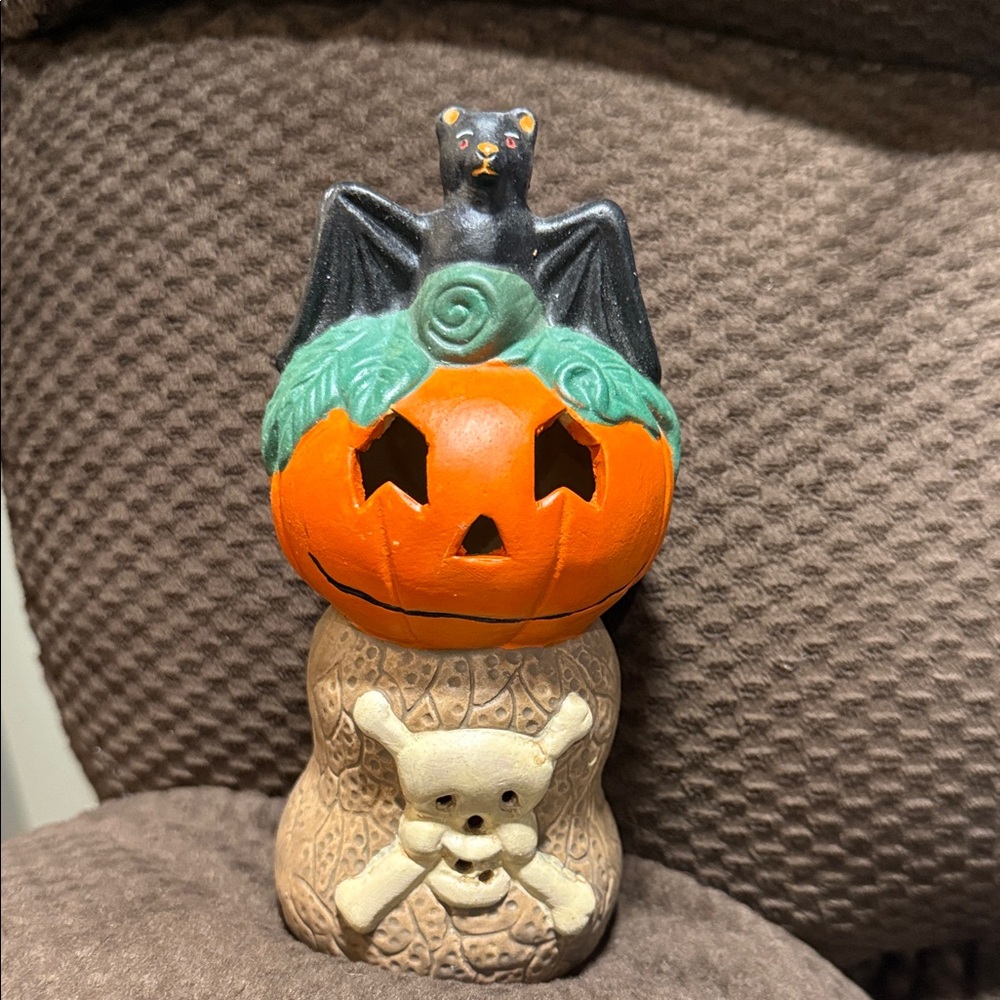 Vintage 1990s Halloween Ceramic Tea Light Holder Pumpkin Bat Skull Decoration